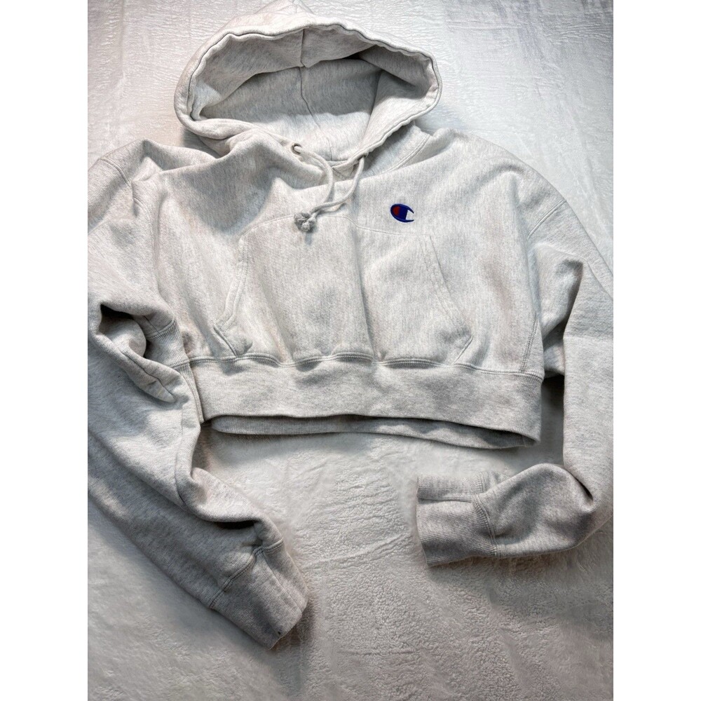 Champions Reverse Weave Cropped Hoodie Banded Waist Gray Pouch Womens L Y2K Rare